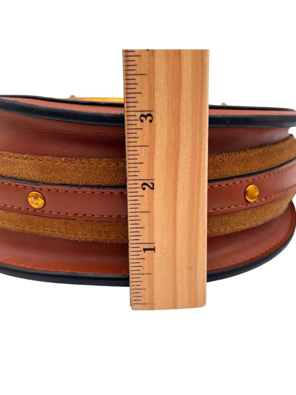 Round Leather Crossbody Bag With Gold Handles And Adjustable Strap Brown & Suede - Picture 12 of 14